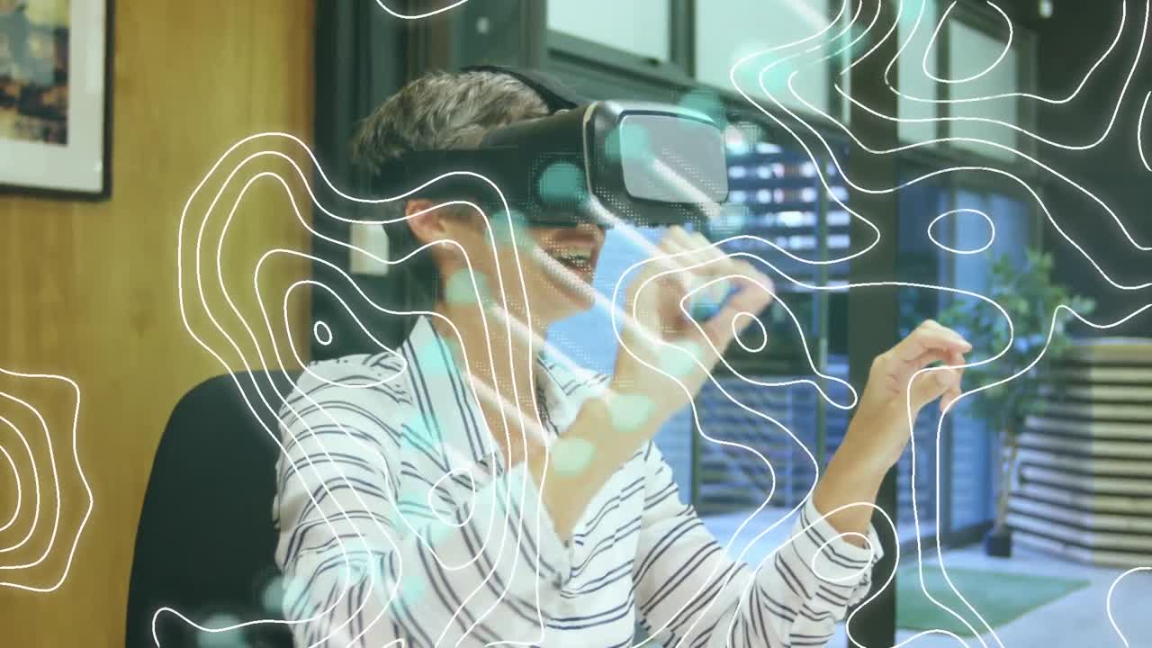 animación de una cadena de adn girando sobre una mujer de negocios con auriculares vr