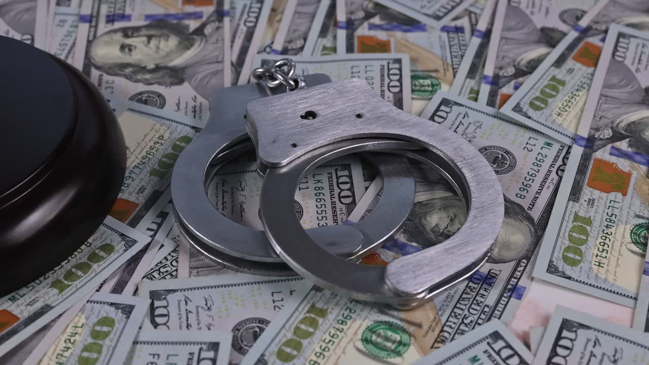 정의와 법의 개념은 현금, 지폐로 된 달러, 손을 은 판사.