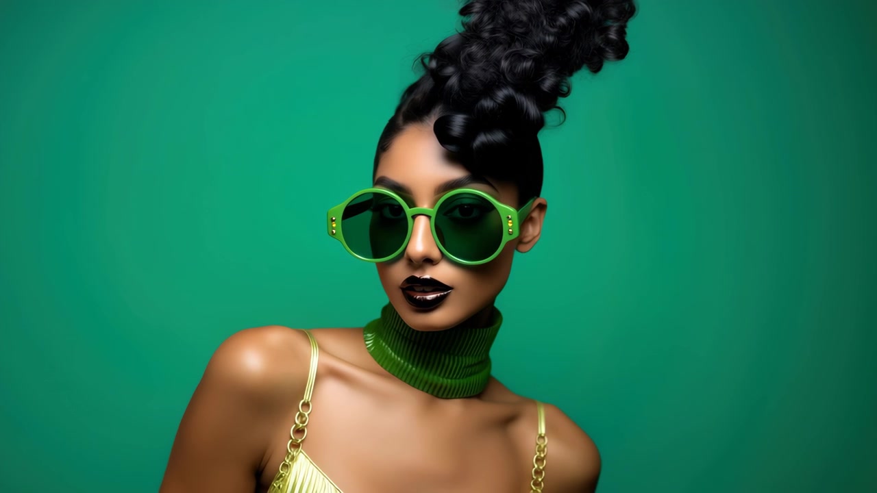 Donna elegante in posa con occhiali da sole verdi e choker su sfondo verde