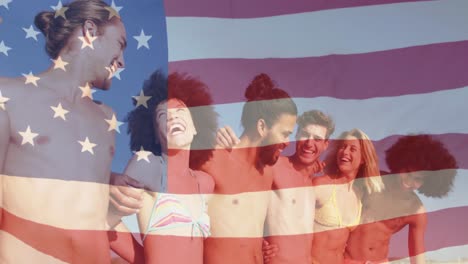 animation of diverse friends at beach over flag of usa