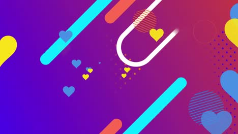 Animation-of-blue-and-yellow-hearts-over-colorful-shapes