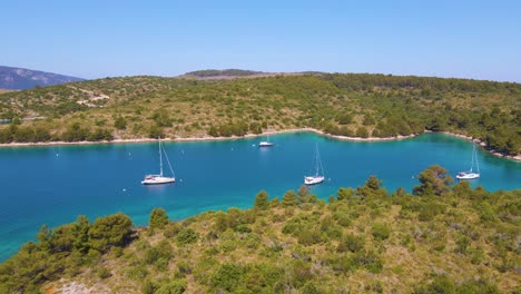 los yates atracan en una bahía cerca de la ciudad costera de croacia con un telón de fondo de cielos azules y agua azul clara, árboles verdes y casas con techos rojos