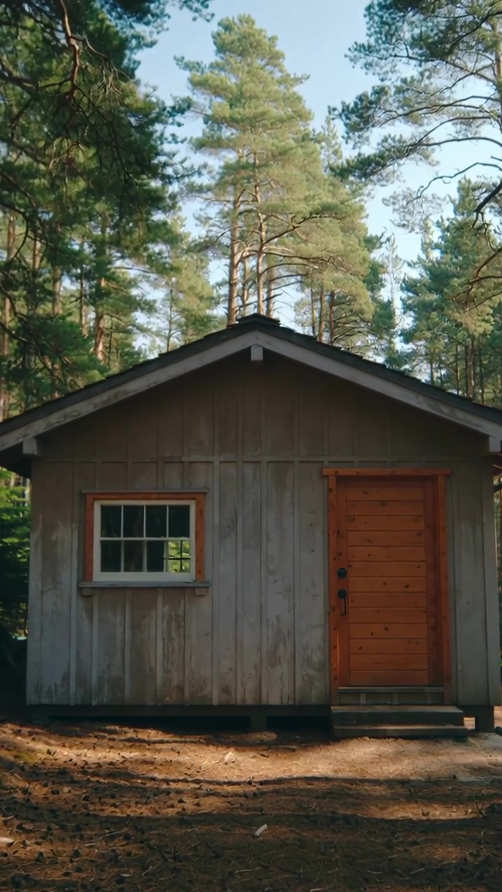 Video verticale: Una telecamera riprende una baita di legno e pini in una radura, mentre la luce del sole si sposta.