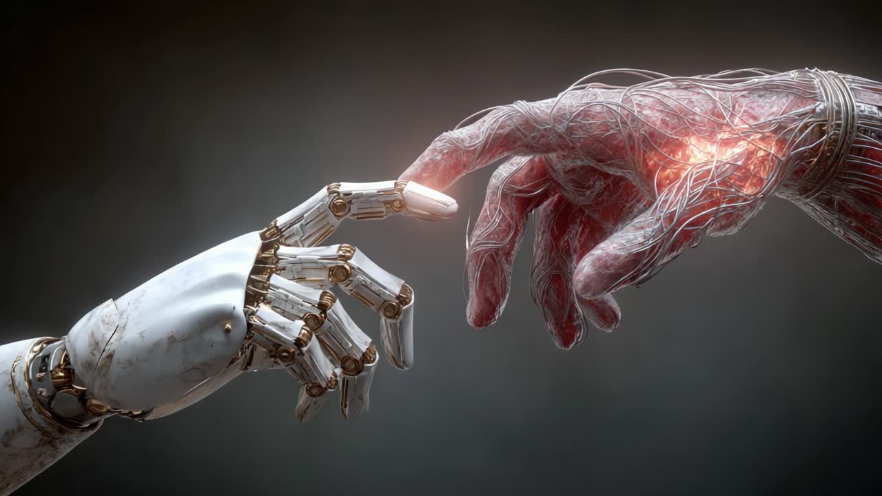 A Captivating Moment of Connection Between a Robotic Hand and a Human-Like Gelatinous Hand, Symbolizing the Intersection of Technology and Humanity