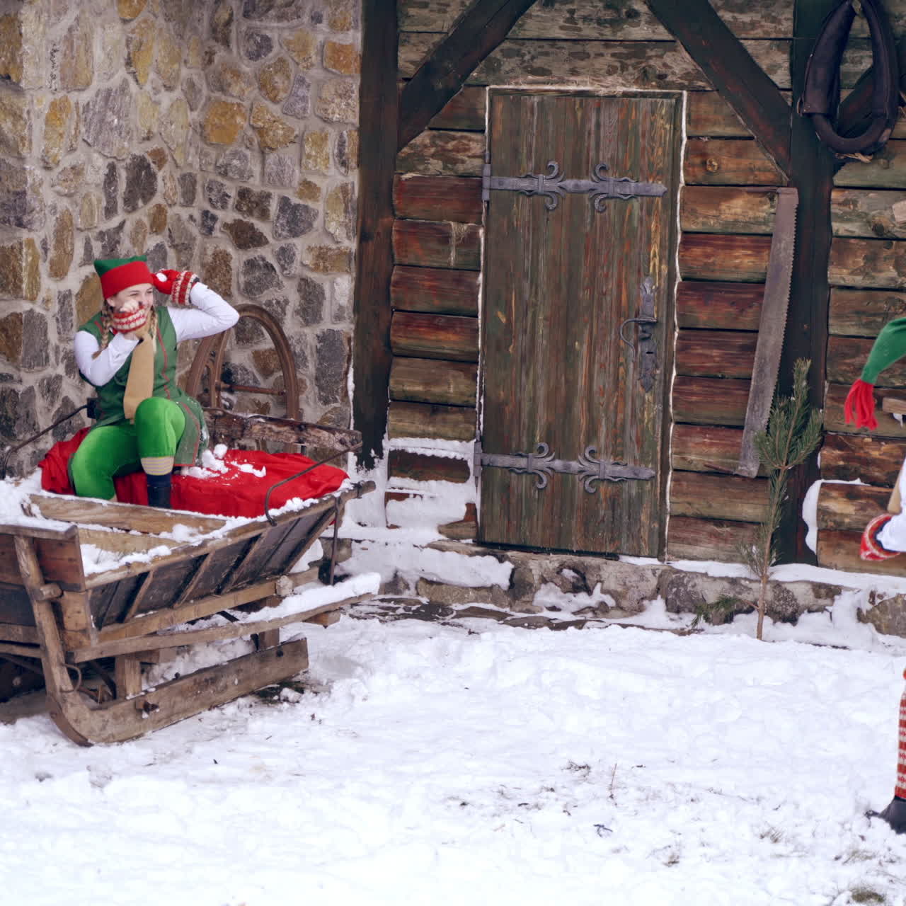 Cheerful elves having time together at Christmas outside in winter. Fairy characters sitting in Santa's sleigh on wooden building background.