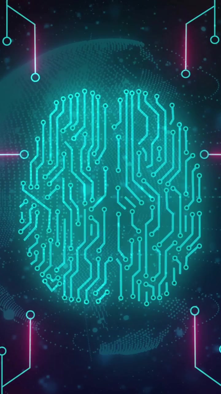 Animation of biometric brain, digital data processing over circuit board