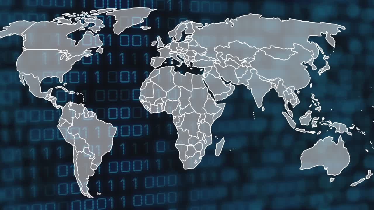 Animation of binary code over world map on black background