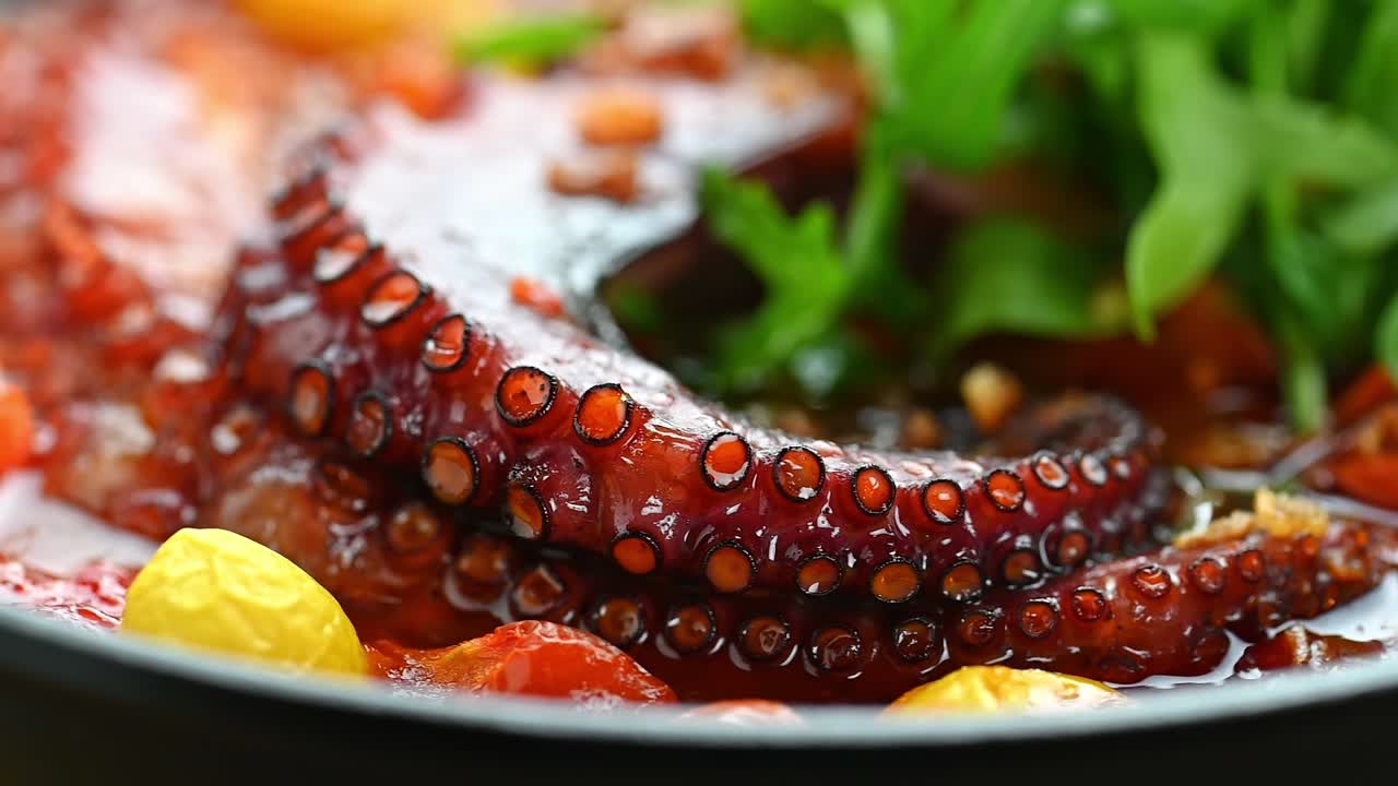 Frisches Oktopusgericht mit Gemüse in einer Bratpfanne auf einem Holztisch zur Mittagszeit. Mit Gemüse gekochter Oktopus liegt tagsüber auf einer Bratpfanne auf einem Holztisch