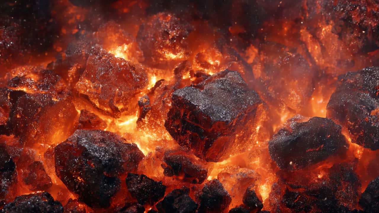 Intense Heat: A Close-Up View of Glowing Charcoal and Ember Particles, Radiating Fiery Orange and Red Hues Against a Dark Background
