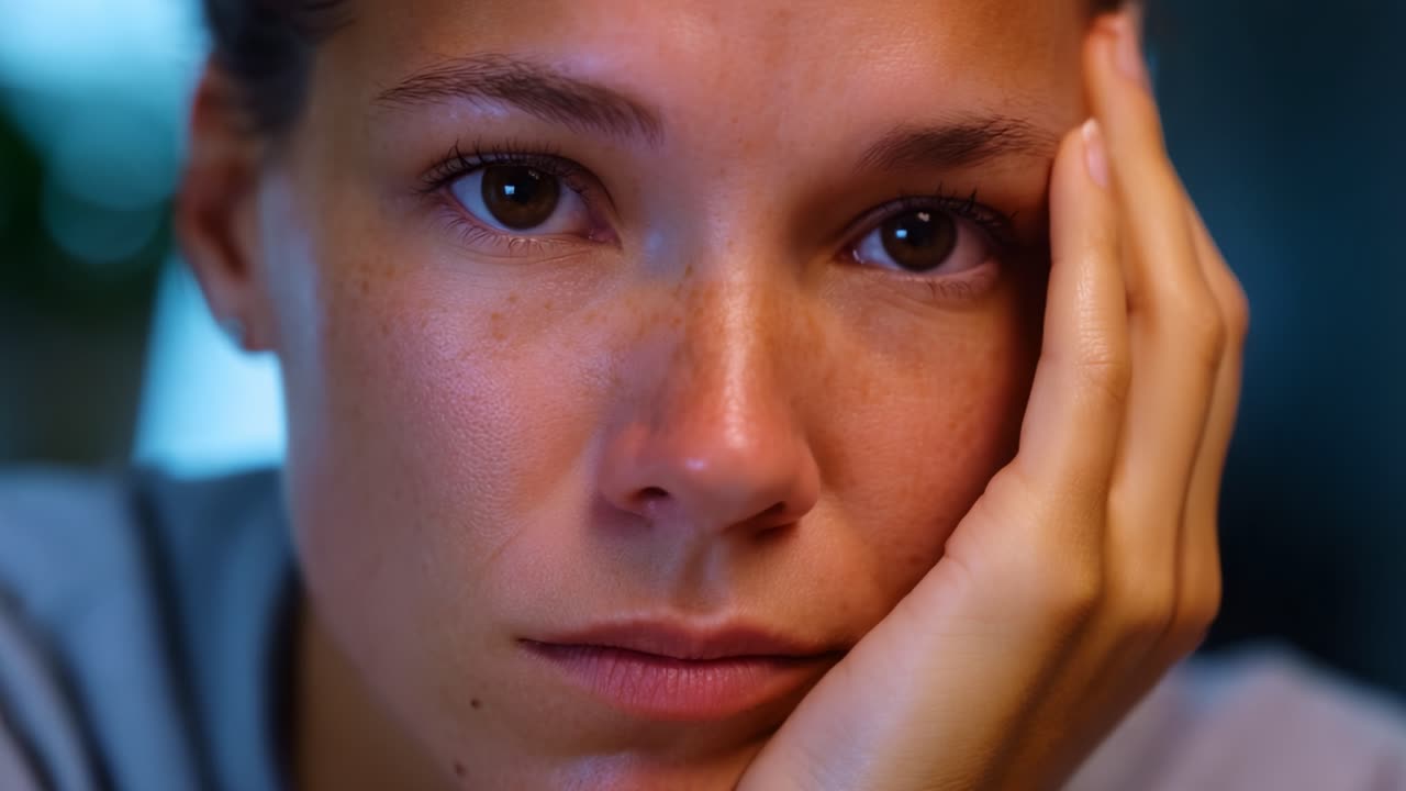 Un momento di riflessione: primo piano di una giovane donna immersa nei suoi pensieri, che esprime emozioni attraverso gli occhi e i gesti, invitando alla connessione e alla riflessione