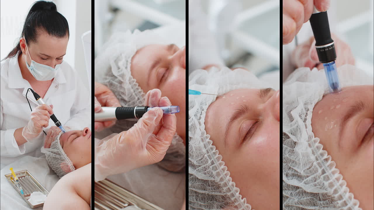 미용 전문가가 피링 절차를 수행하는 여성 피부 재생 dermapen microneedling dermastamp