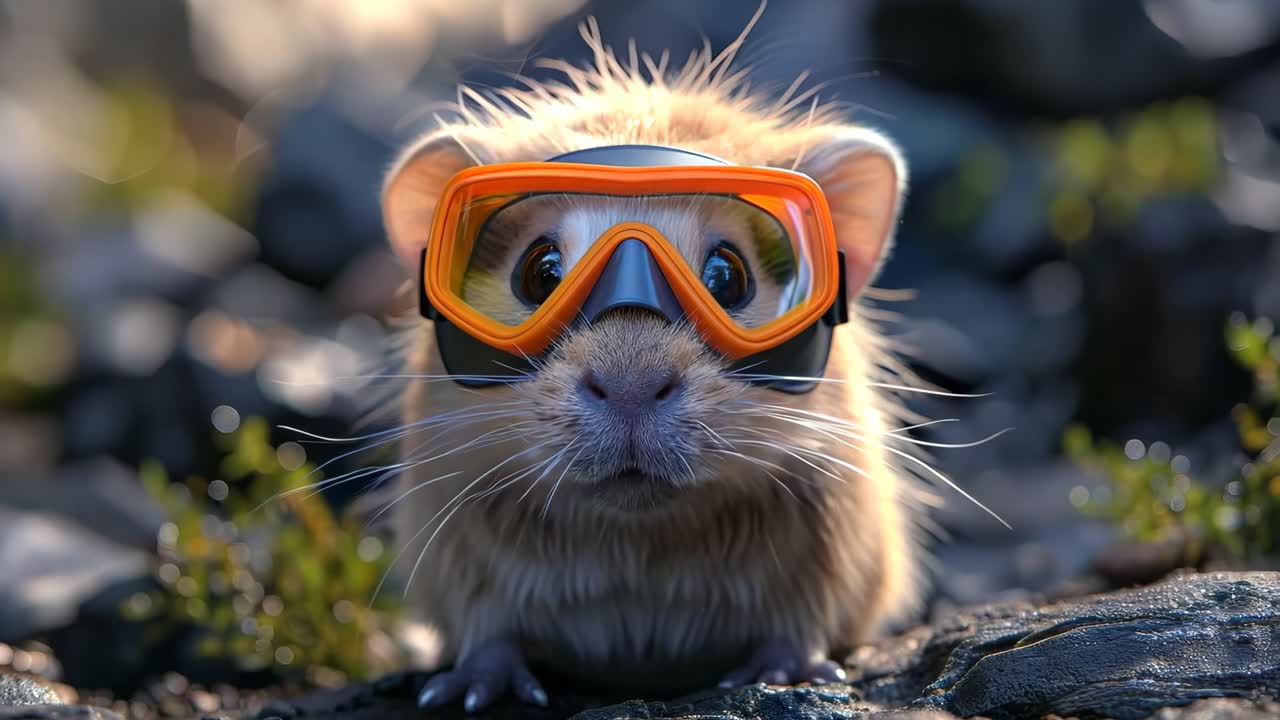 A small brown and white animal with goggles on its face. The goggles are orange and the animal is looking at the camera