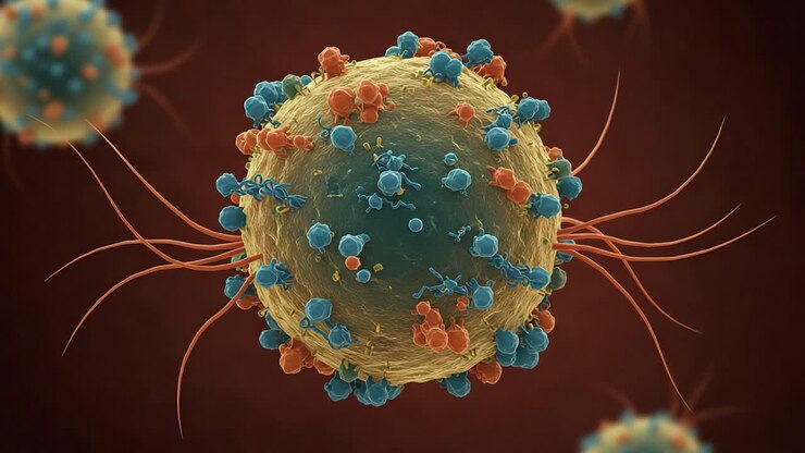 Visualizzazione microscopica di una struttura cellulare altamente dettagliata, che mostra caratteristiche complesse e componenti cellulari in una palette di colori vivaci