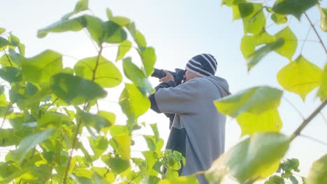 photographer with winter hat takes pictures with dslr camera, seen through tree leaves