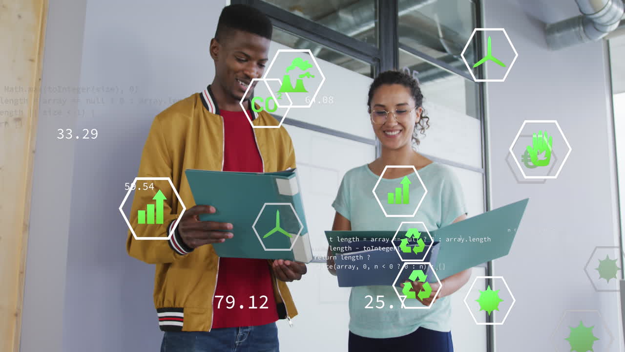 Animation of falling icons over two biracial people talking