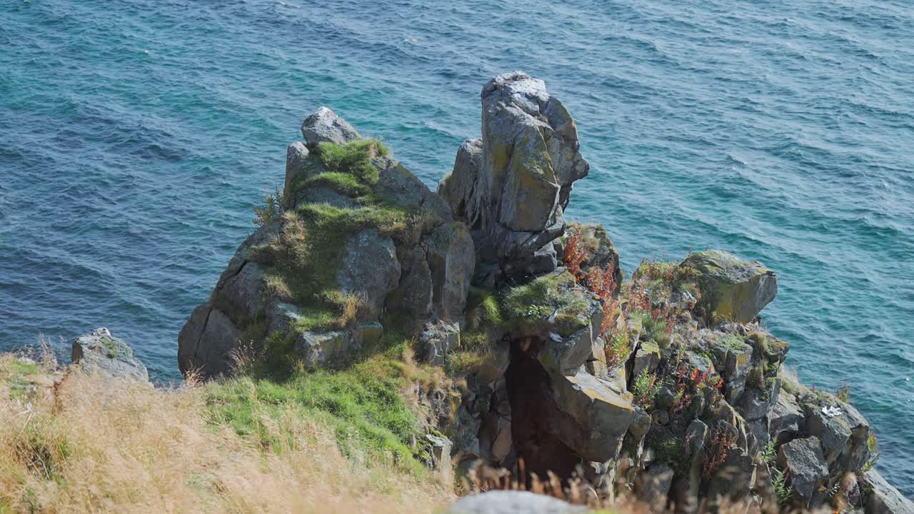 Tyndt græs og mos dækker de klippefyldte klipper ved fjordkysten