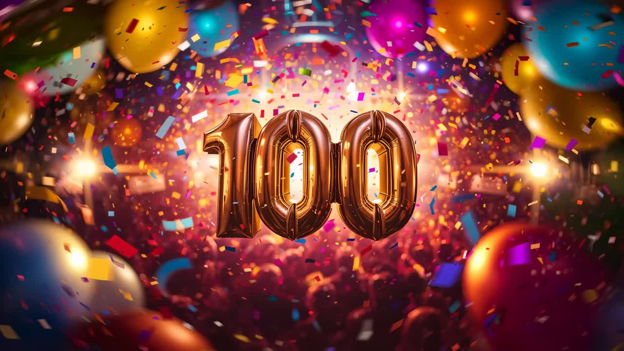 Confetti launching crowd cheering while metal 100 balloons floating over dancefloor, celebrating