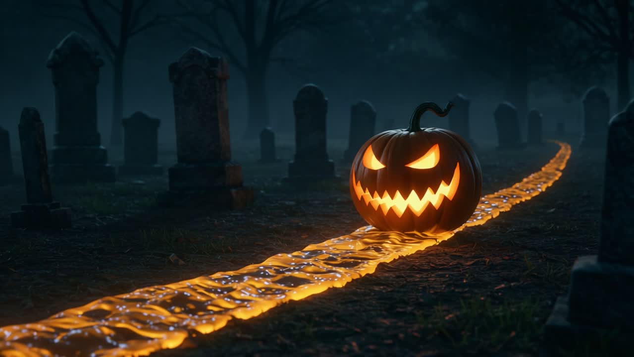 A Spooky Halloween Scene Featuring a Grinning Pumpkin Illuminated by Mysterious Light, Surrounded by Tombstones and Eerie Atmosphere in a Gloomy Graveyard