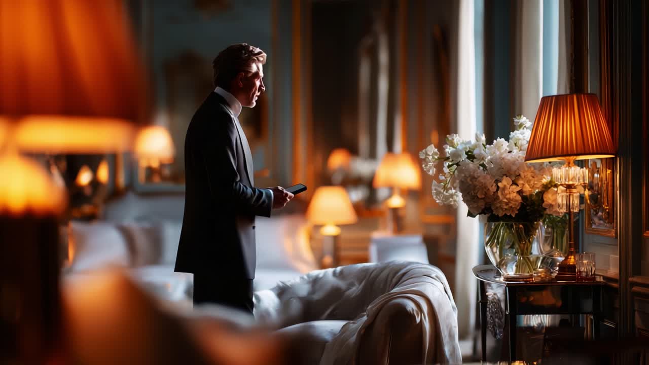 A Sophisticated Gentleman Engaged in Modern Communication in an Elegantly Decorated Room with Soft Lighting and Floral Accents, Exuding Luxury and Style