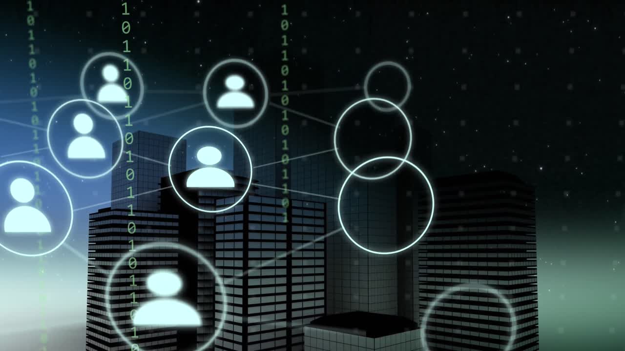 Animation of network of icons and binary coding over cityscape