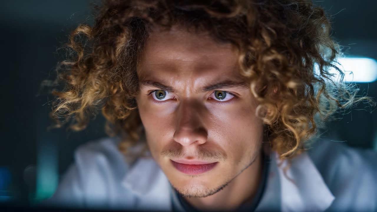 Intense Focus of a Young Scientist Analyzing Data on a Screen in a Laboratory Setting, Illuminated by Soft Ambient Light, Capturing a Moment of Concentration