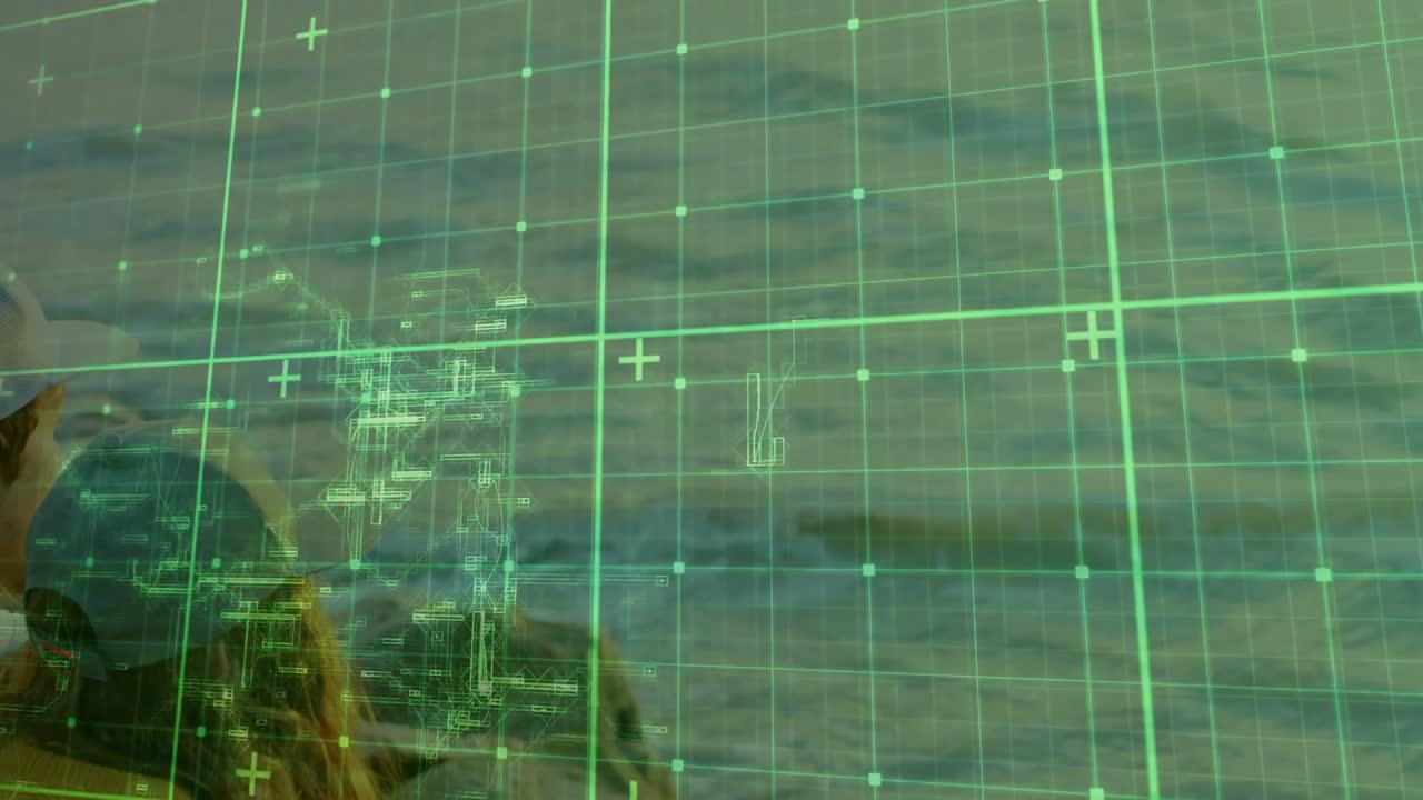 Emerging green grid overlay scanning kissing couple fading shore obscuring forms forming network