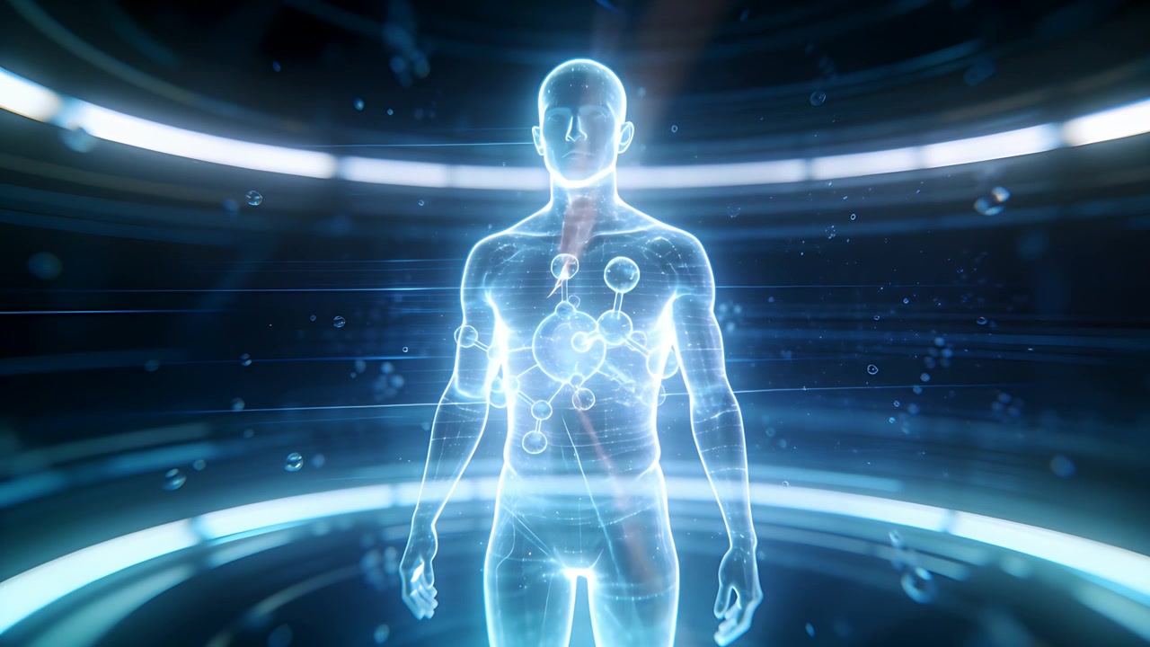 Homem Holográfico Giratório Seguindo Varredura de Luz Circular para Escaneamento em Câmara, Projetando Moléculas no Peito