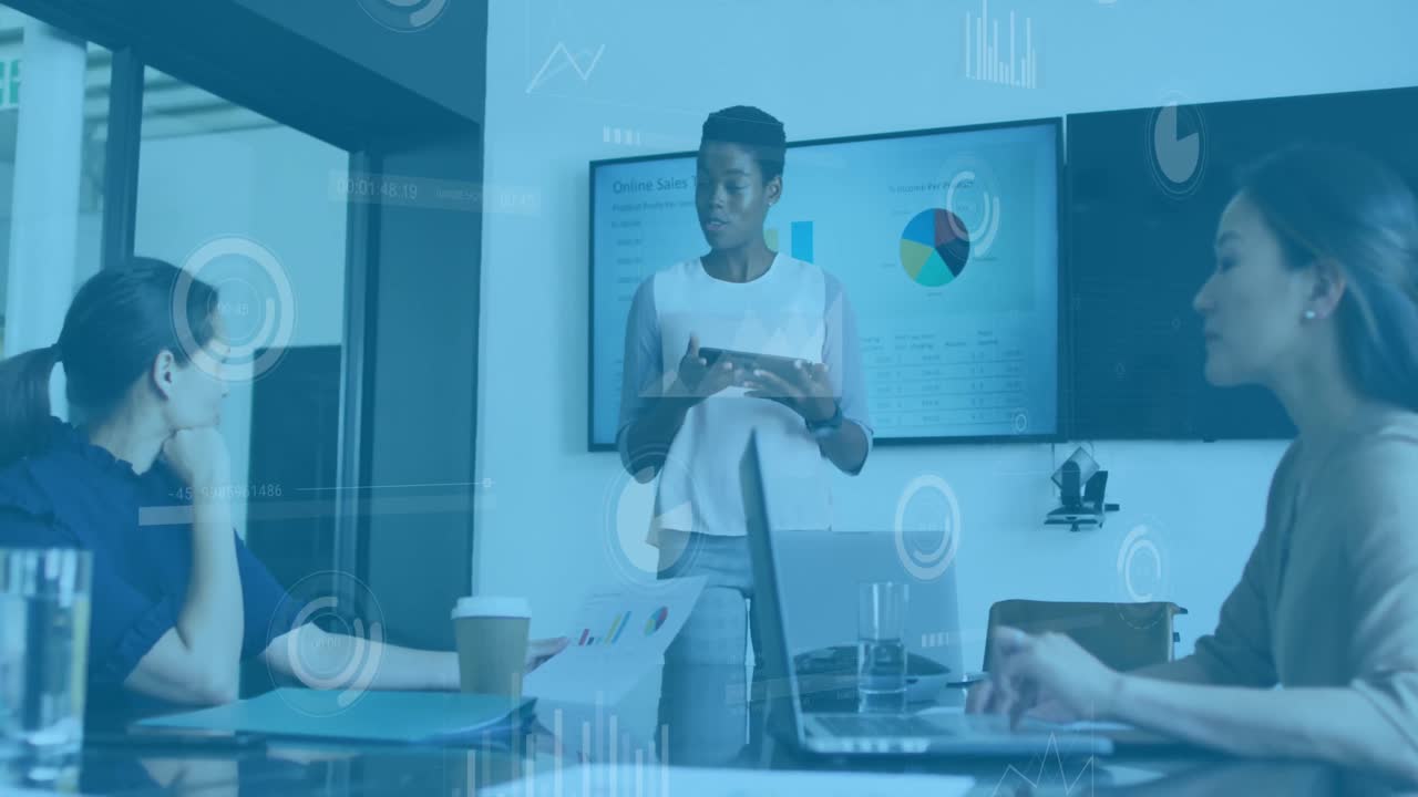 Animation of data processing over african american woman giving a presentation at office