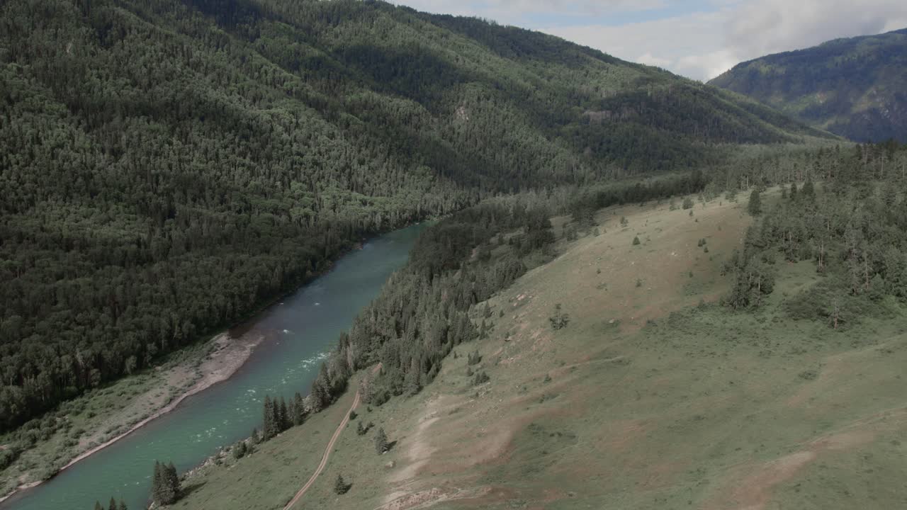 Filmato drone di un fiume turchese che serpeggia attraverso la valle Ak-Kem, con fitta foresta di taiga e verdi pendii montani sotto un cielo nuvoloso, Repubblica dell'Altai, Russia.