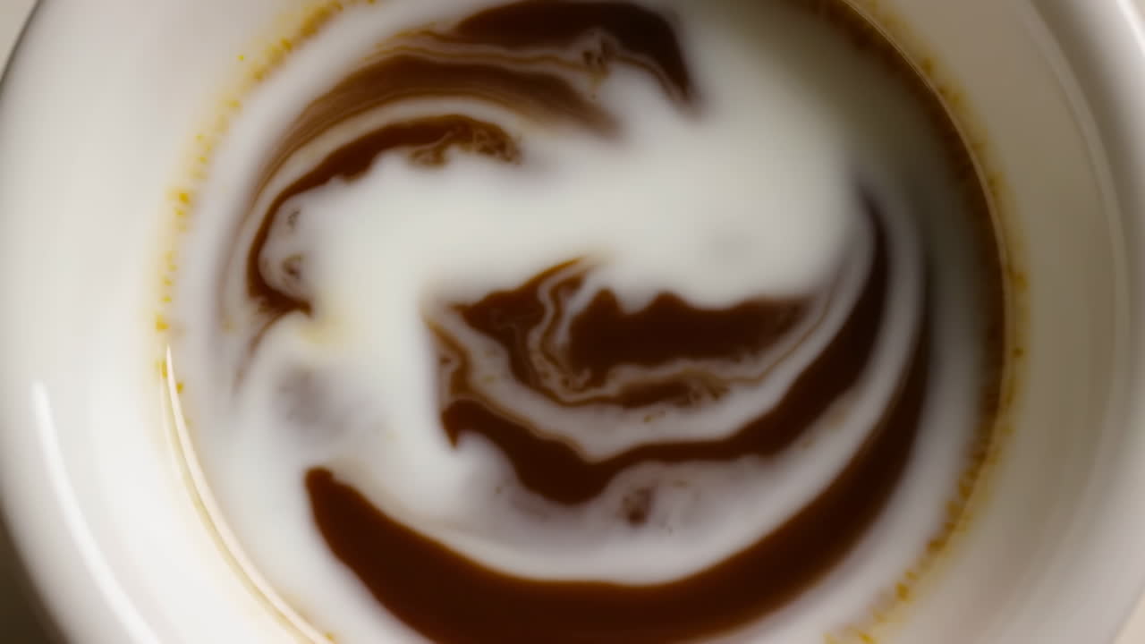 Primo piano di tazza di caffè con schiuma di latte che si mescola, vista dall'alto. Tazza in ceramica con espresso e latte che creano un vortice cremoso.
