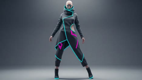futuristic fashion showcase: a striking model in geometric-patterned attire with a modern silhouette and neon accents captures the essence of contemporary style