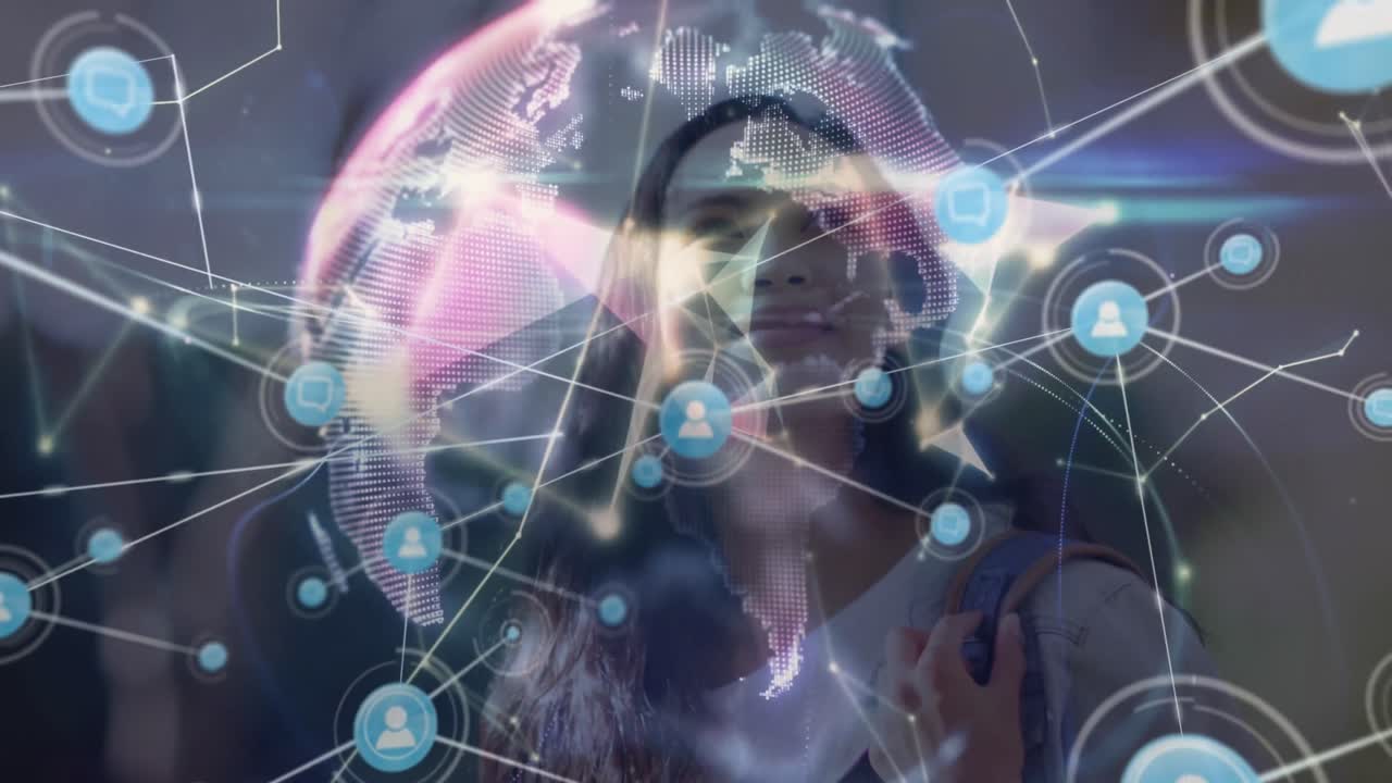 animación de la red de conexiones con el globo sobre la mujer biracial.