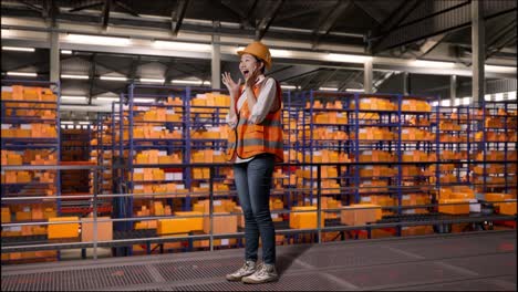 full body side view of asian female engineer with safety helmet standing in the warehouse with shelves full of delivery goods. saying wow in the storage