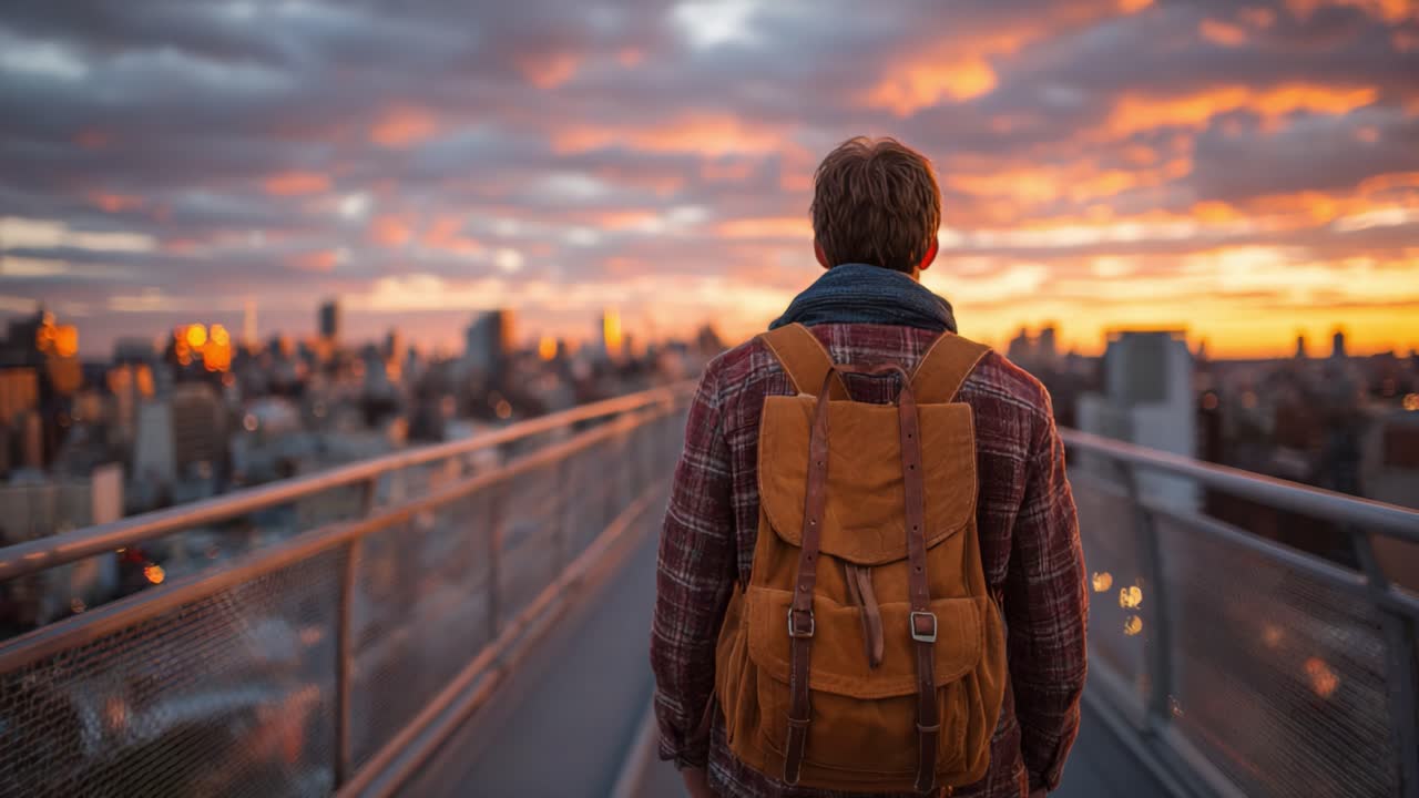 Un viaggiatore solitario ammira un tramonto mozzafiato sullo skyline della città, catturando l'essenza dell'esplorazione e dell'avventura in un momento di riflessione