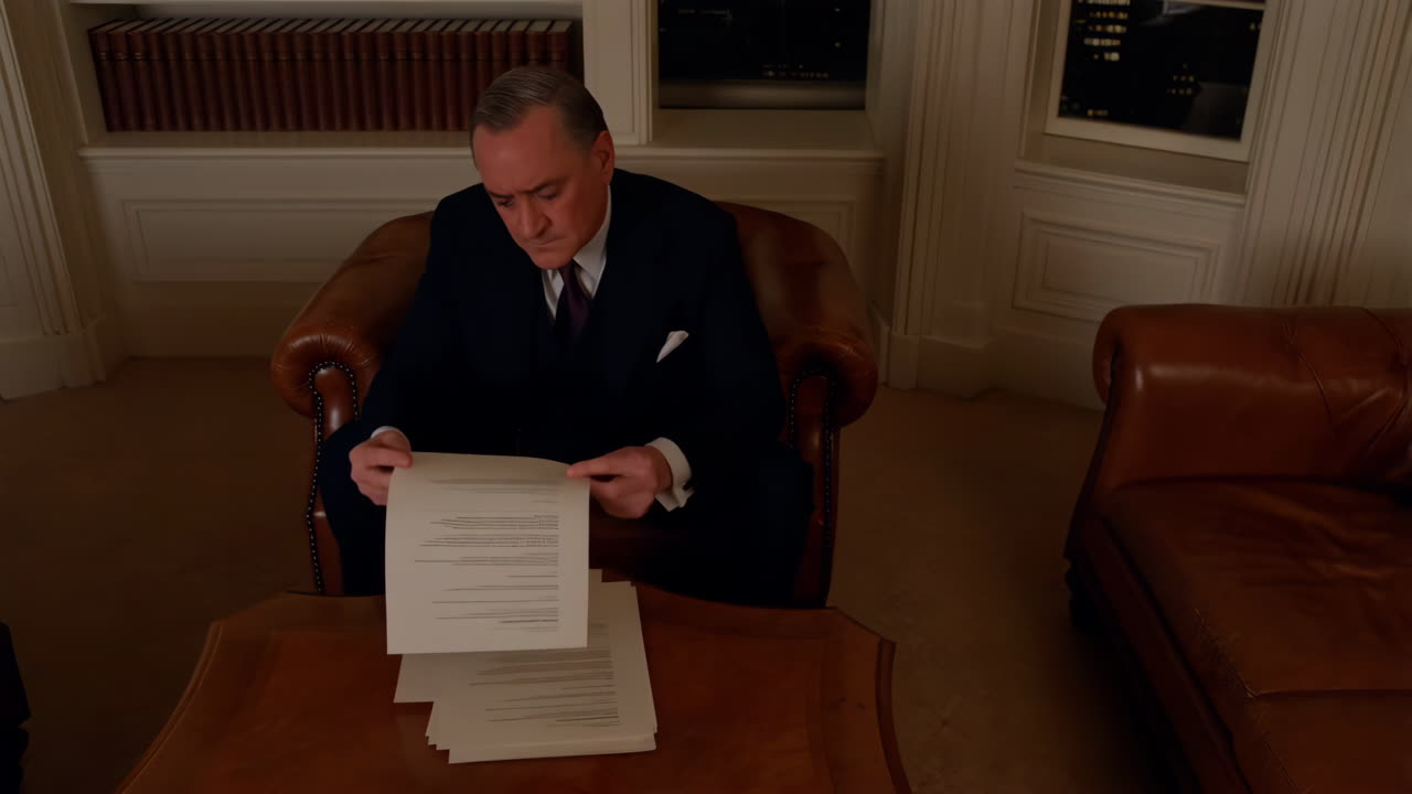 A man reads documents in a formal office setting