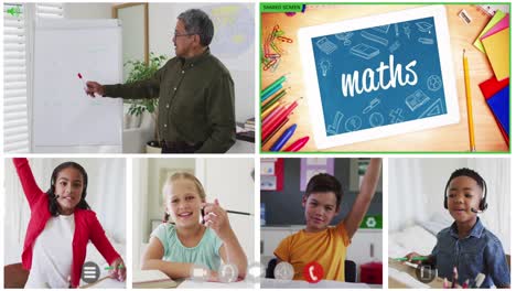 animación de seis pantallas de diversos niños, maestros y textos de matemáticas durante la lección escolar en línea