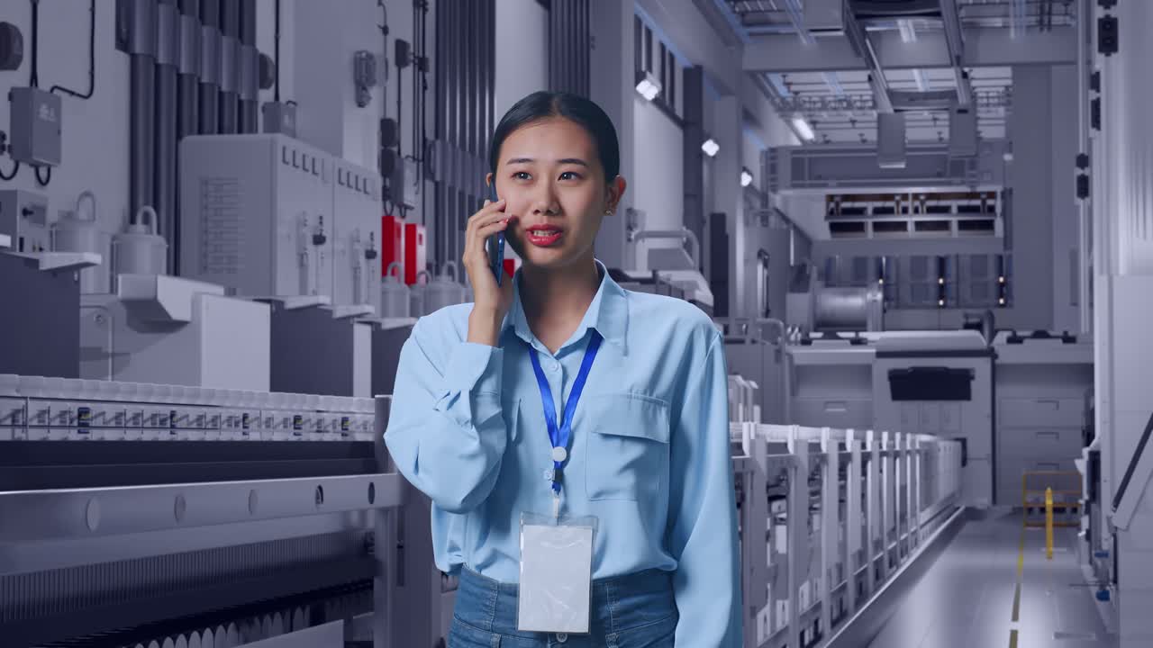 Asian Female At Pharmaceutical Factory, Vaccine Production Facility, She Pick The Phone Up And Started To Speaking With It