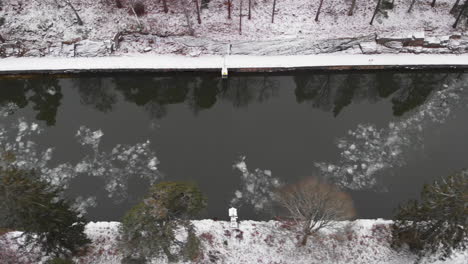 Frozen-Trollhätte-Canal-view-from-above,-scenic-waterway-in-winter-season,-Sweden