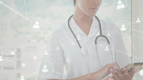 doctor using tablet with network of connections and data processing animation