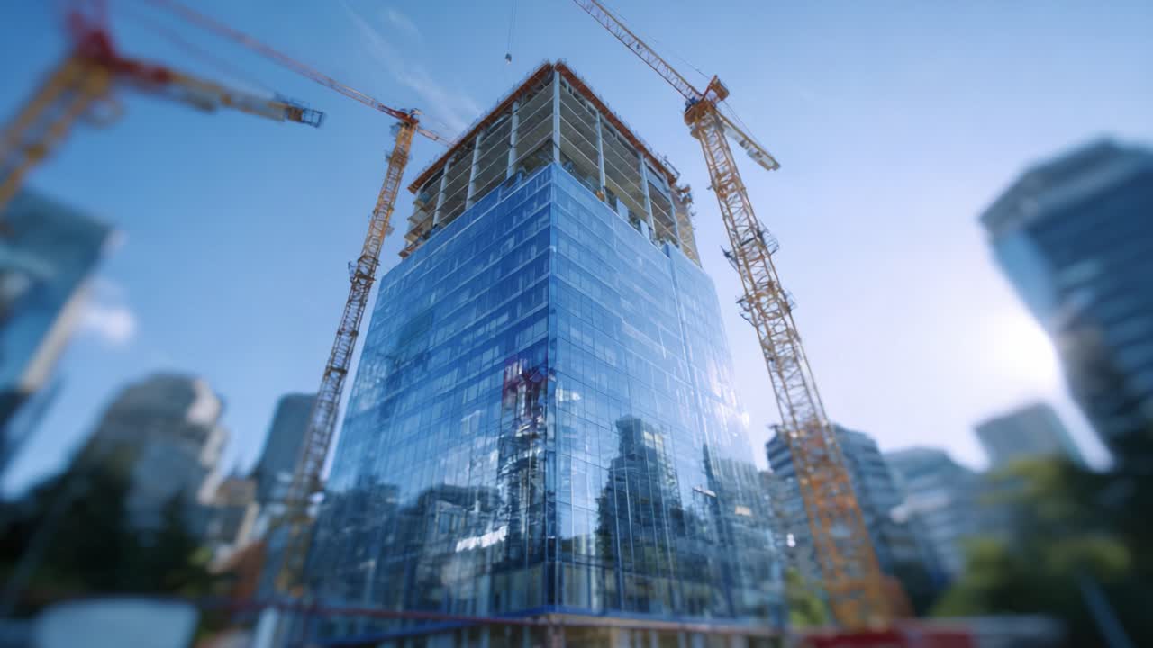 Progreso de construcción de un rascacielos moderno visto en dos encuadres distintos, mostrando una fachada de cristal y actividad de grúas en un paisaje urbano.