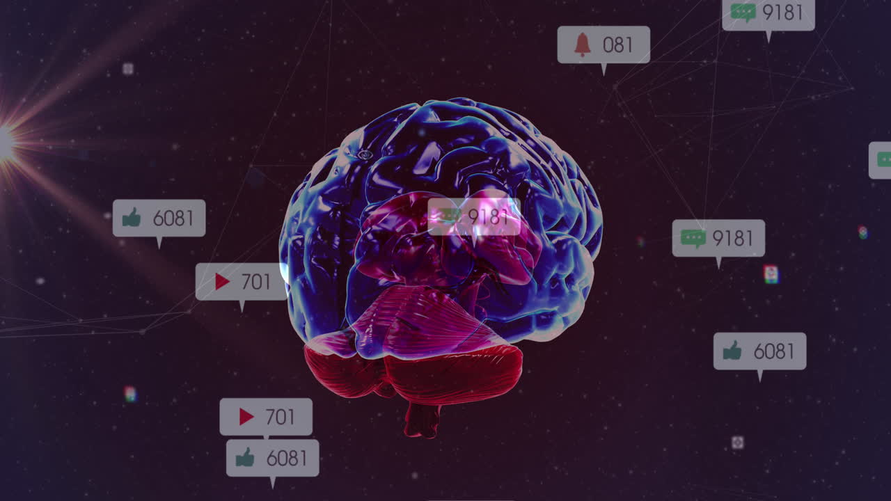 animación de iconos de redes sociales en banderas sobre el cerebro humano