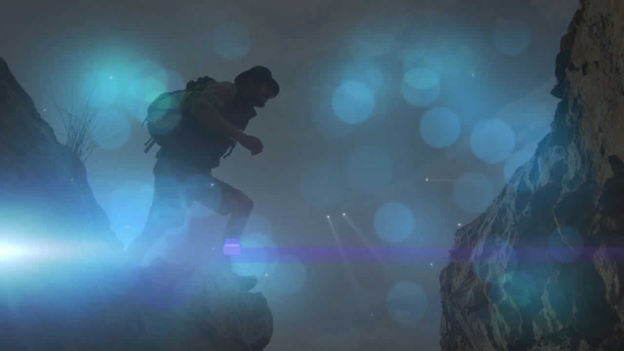 male hiker jumping with backpack across rocky cliffs under blue mist, featuring tech mapping icons