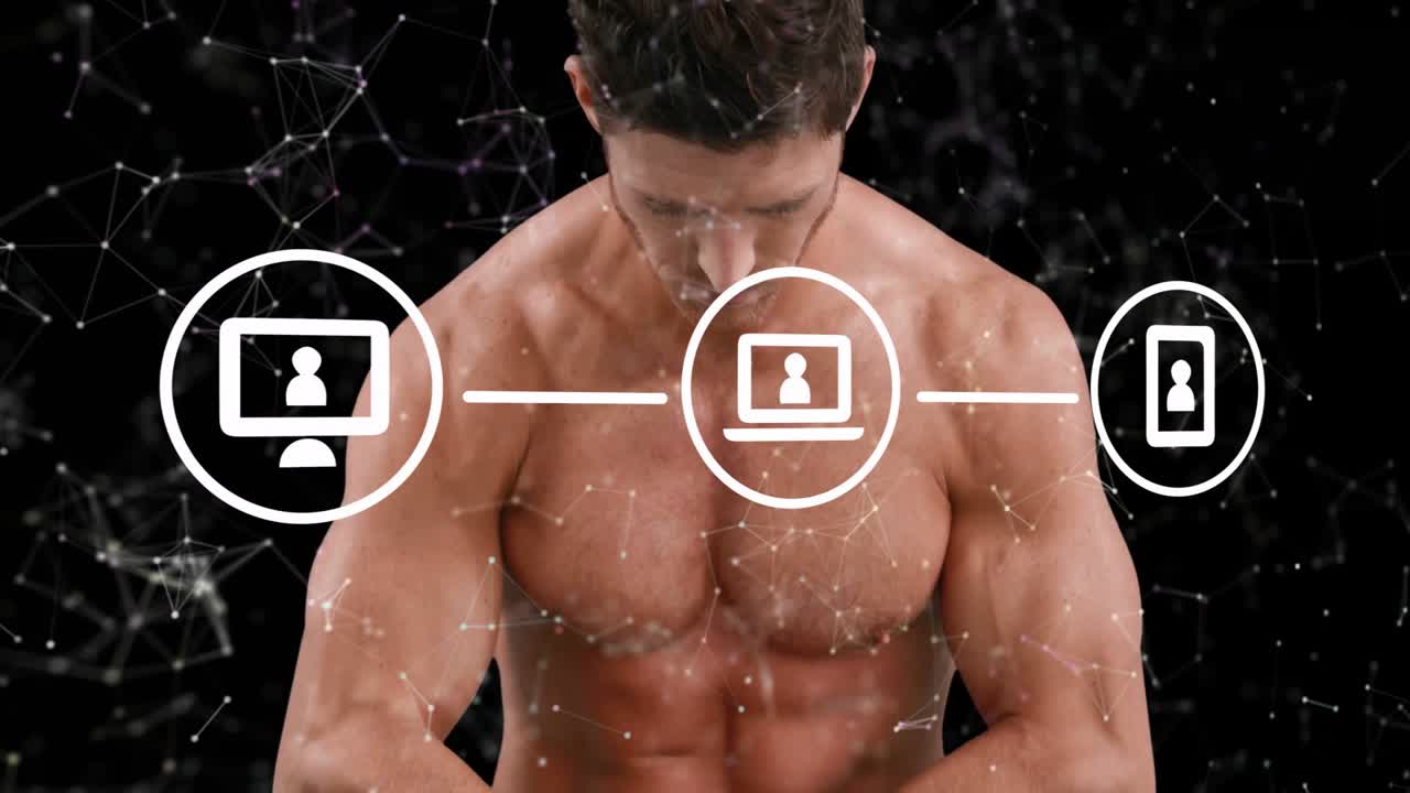 Shirtless male standing in void, tech device icons linking causing flexing arms showing connection