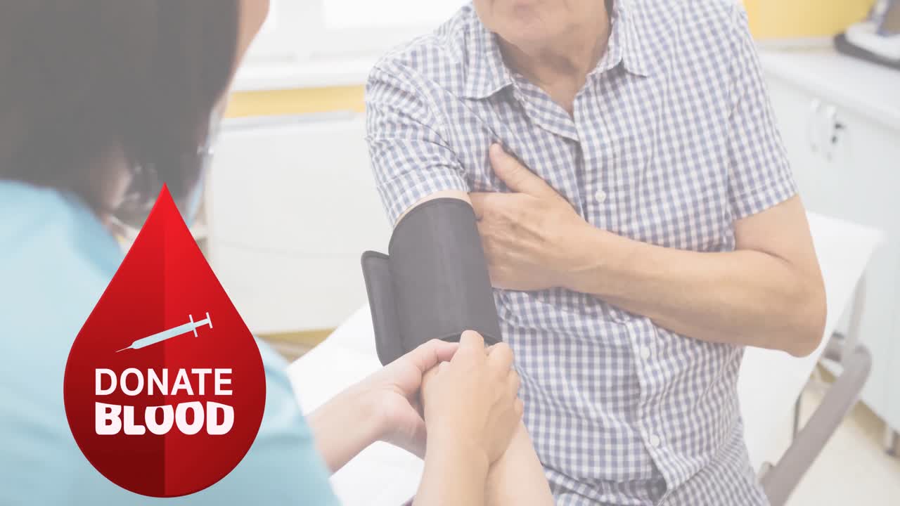 혈액  ⁇ 플을 채취하는 의사 위에 기증 혈액 텍스트의 애니메이션