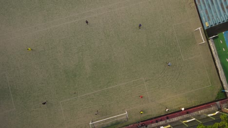 people practicing football soccer. aerial top-down view