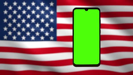 mobile phone with chromakey screen against american flag