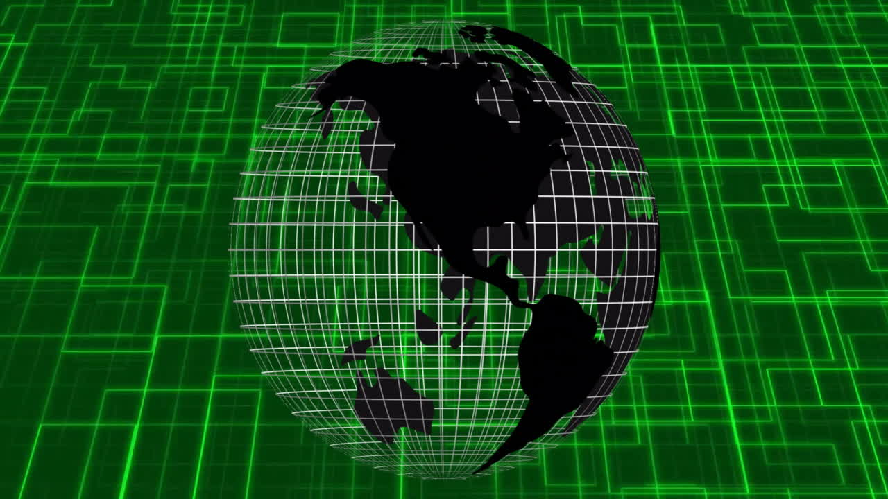 Rotating globe with grid lines and green digital grid animation in background