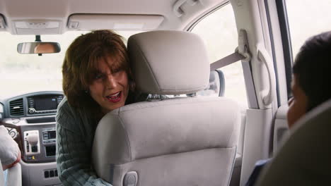 grandmother turns around to her grandson in the back of car