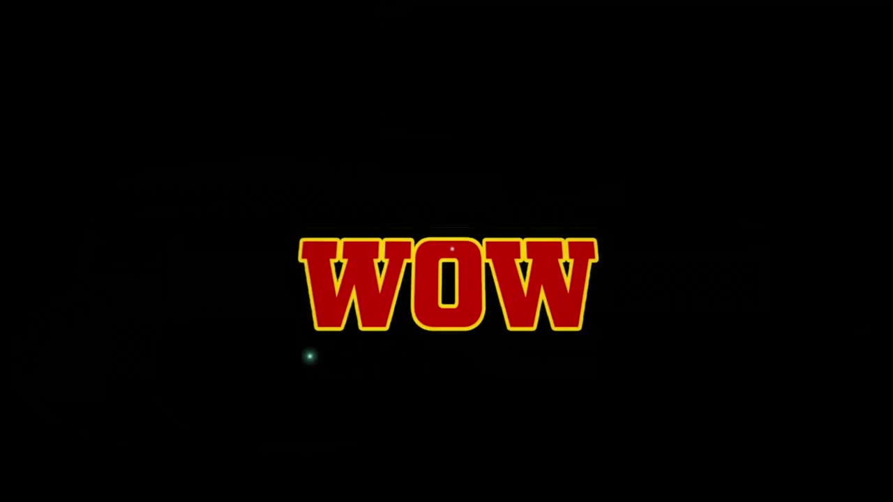 검은 바탕에 와우 텍스트의 애니메이션.