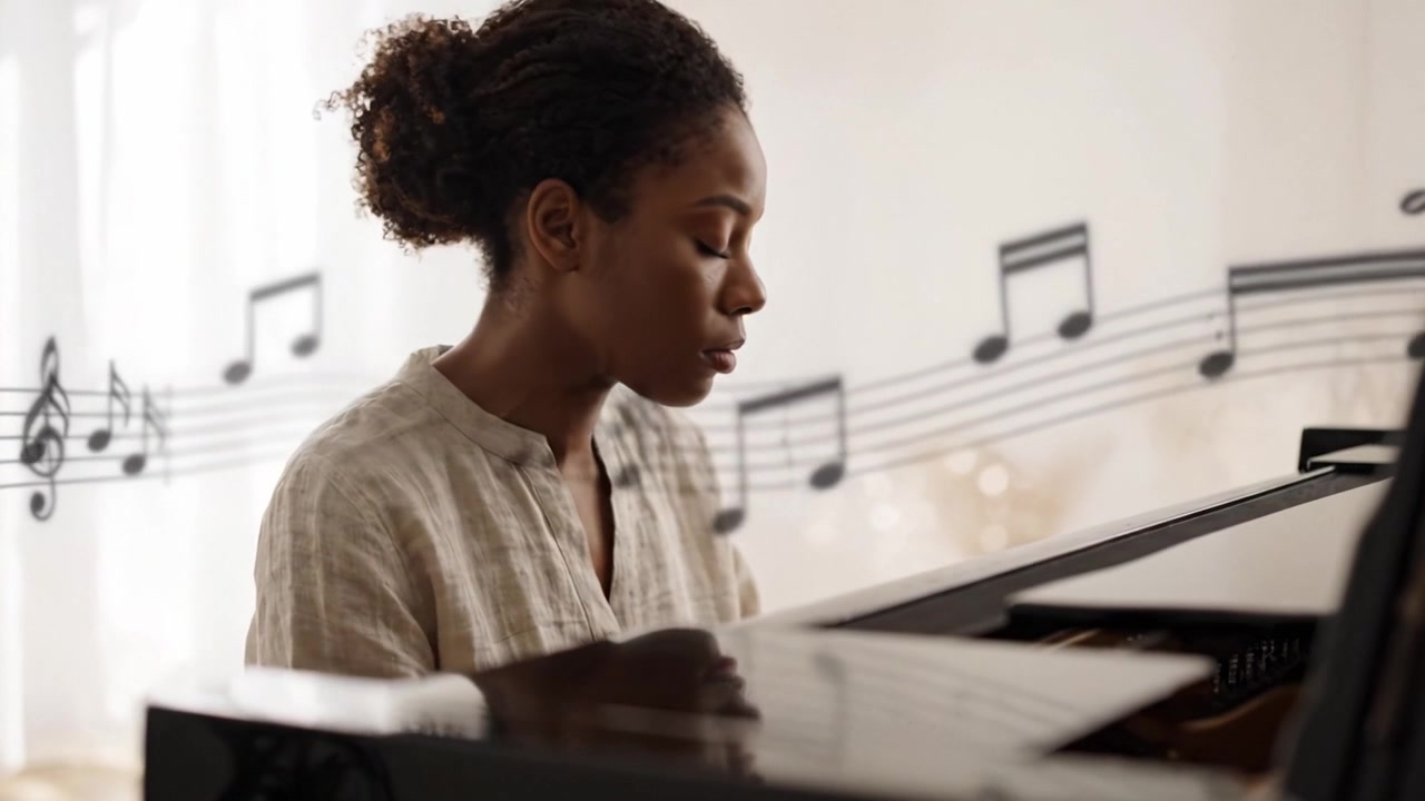 A passionate musician deeply immersed in a piano performance, showcasing emotion and artistry while surrounded by floating musical notes in a serene setting.